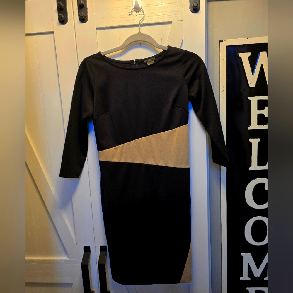 Ann Taylor Black Tan Colorblock Ponte Knit Sheath Dress Size 0P Office Style